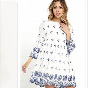 Lulus Blue and White embroidered babydoll eyelet dress